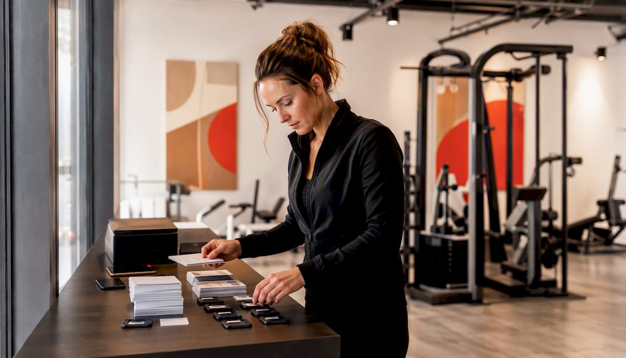 Hands sorting gym membership cards at office desk
