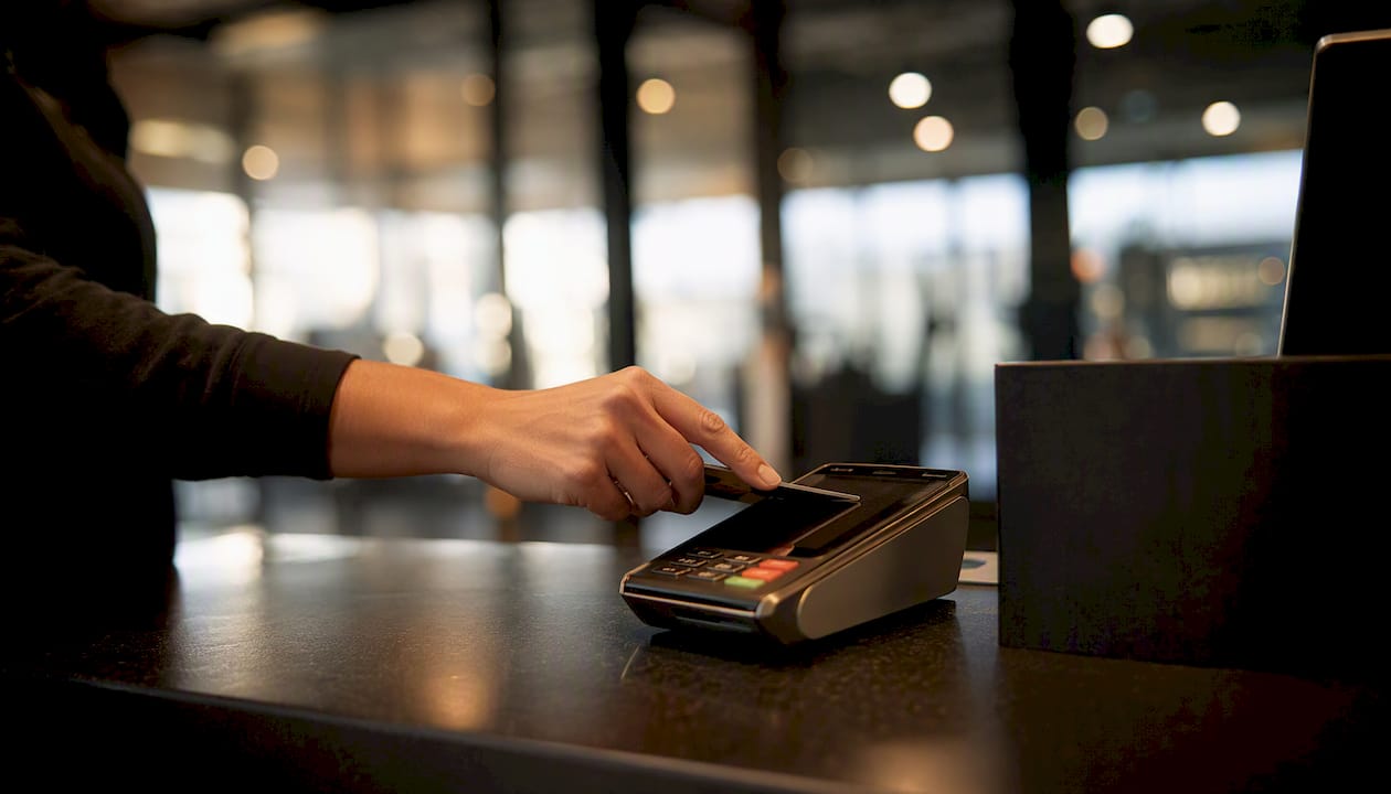 Hand holding payment card at gym payment terminal