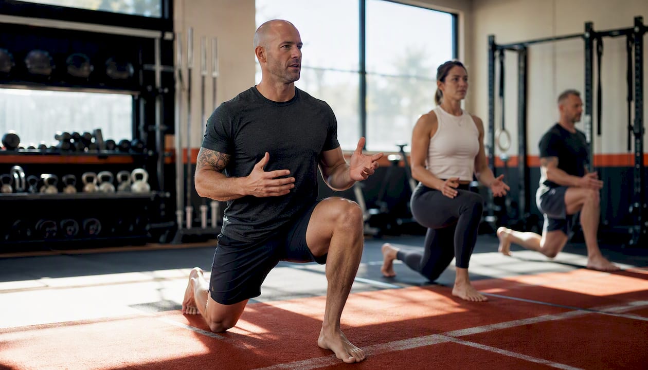 Instructor performing standing mobility transition exercises