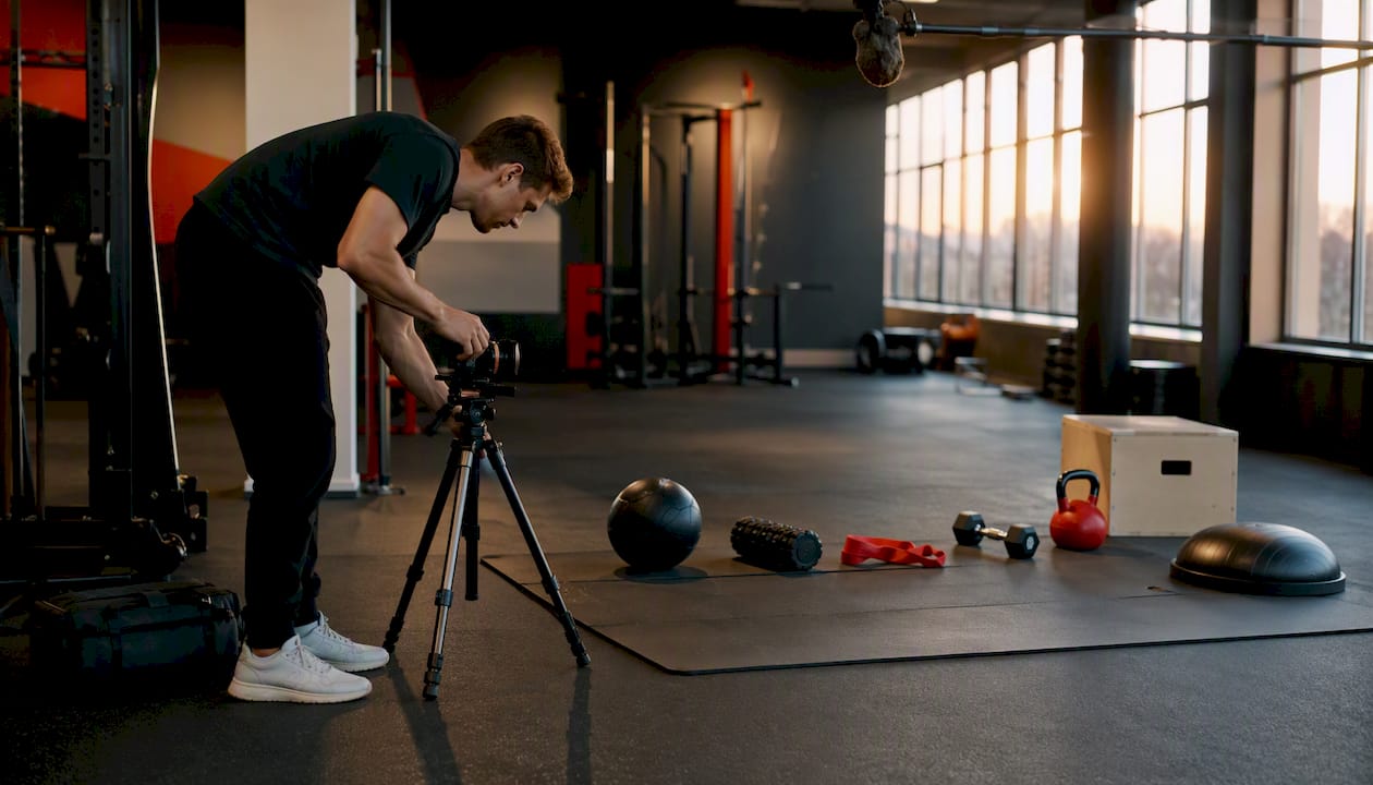 Gym staff preparing camera for fitness video recording