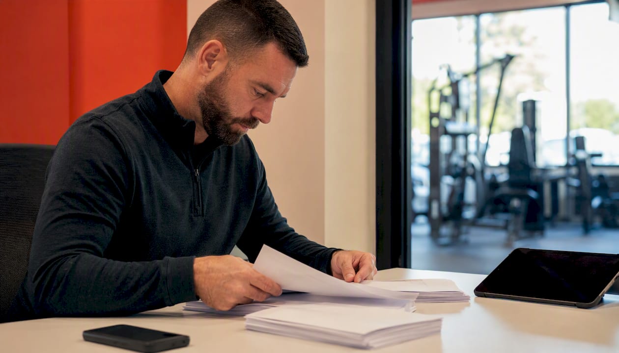 Gym manager arranging consent forms