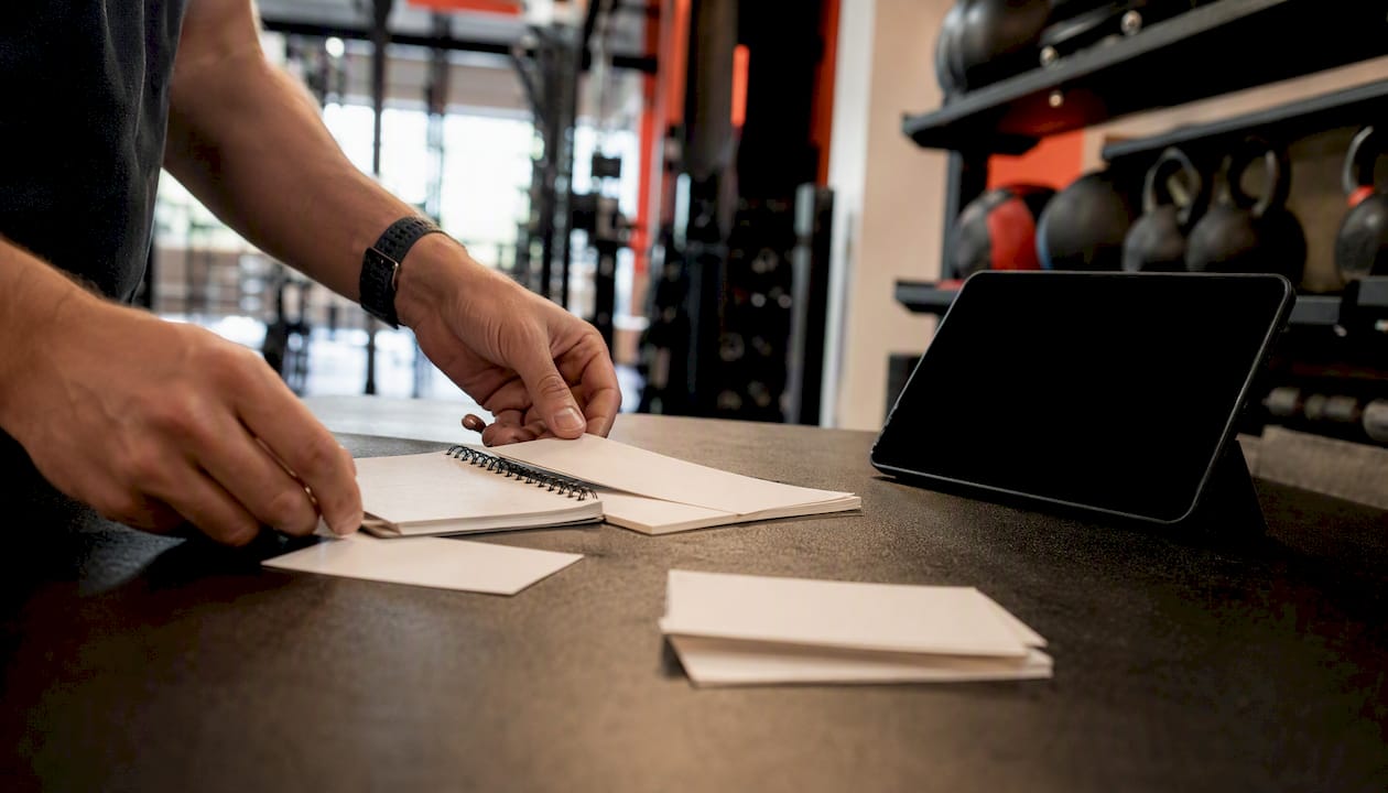 Hands setting up appointment cards near tablet