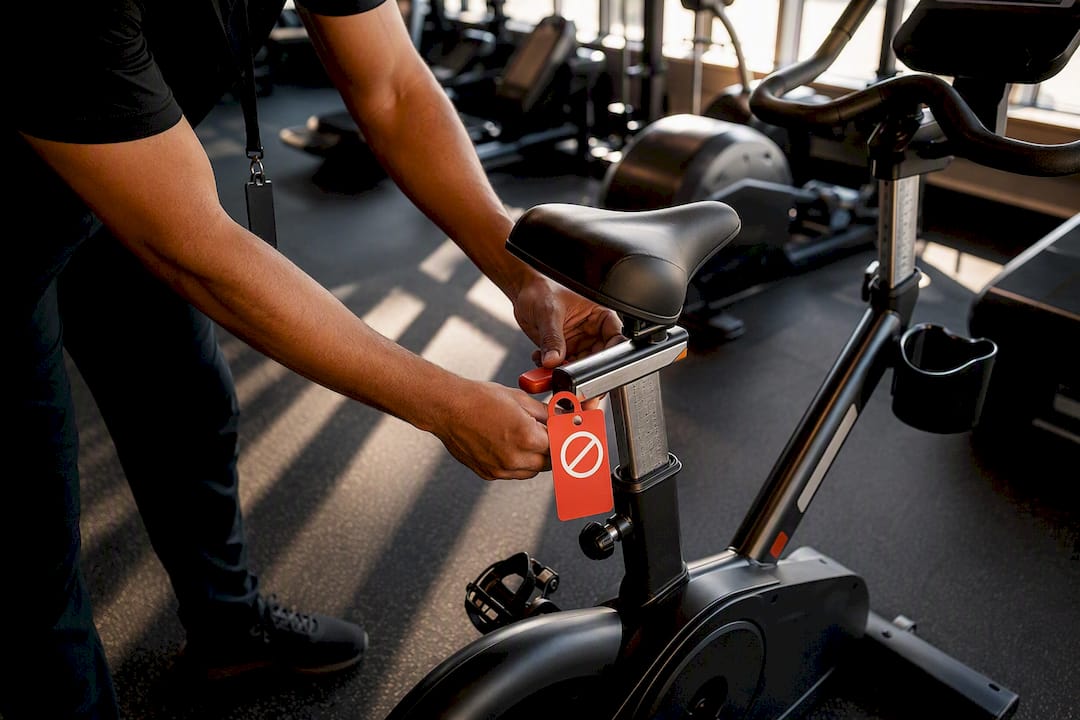 Staff placing safety lockout tag on gym equipment