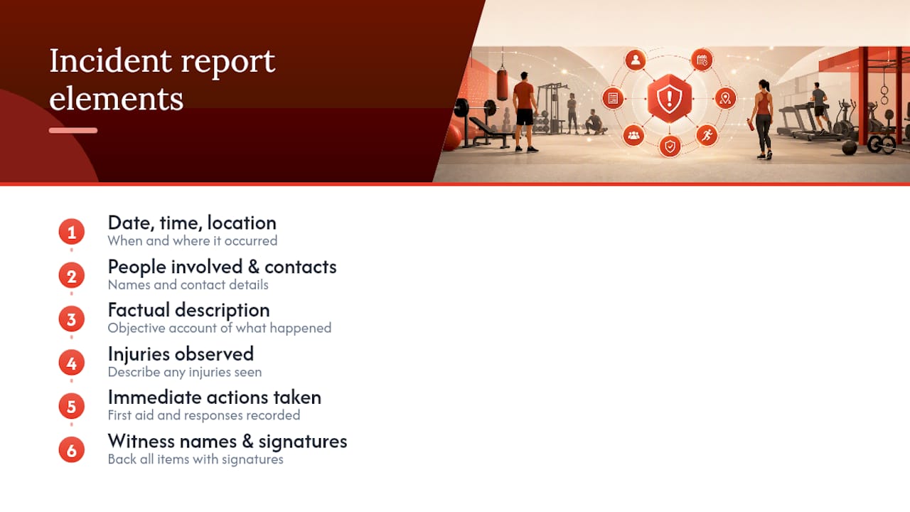 Diagram showing five elements of a strong incident report