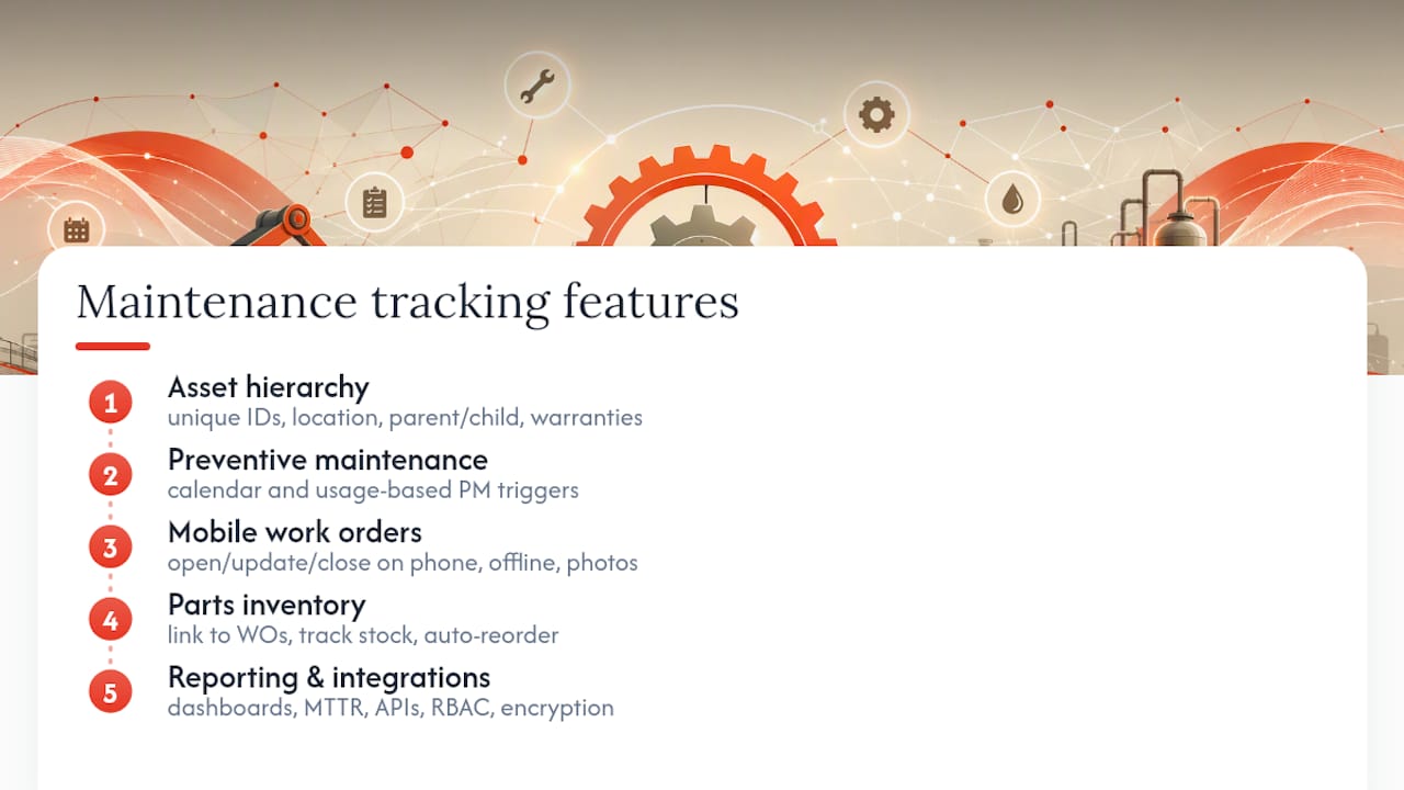 Icon summary of maintenance tracking system features