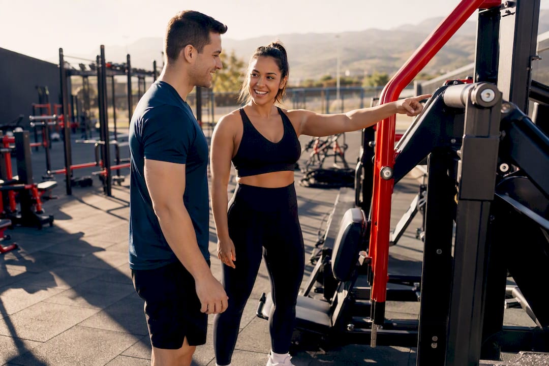 Trainer onboarding gym member with equipment