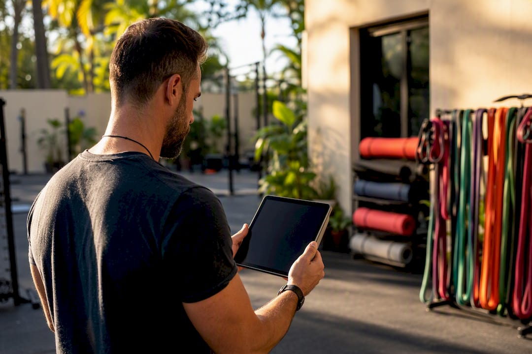 Gym owner holding tablet analyzing metrics