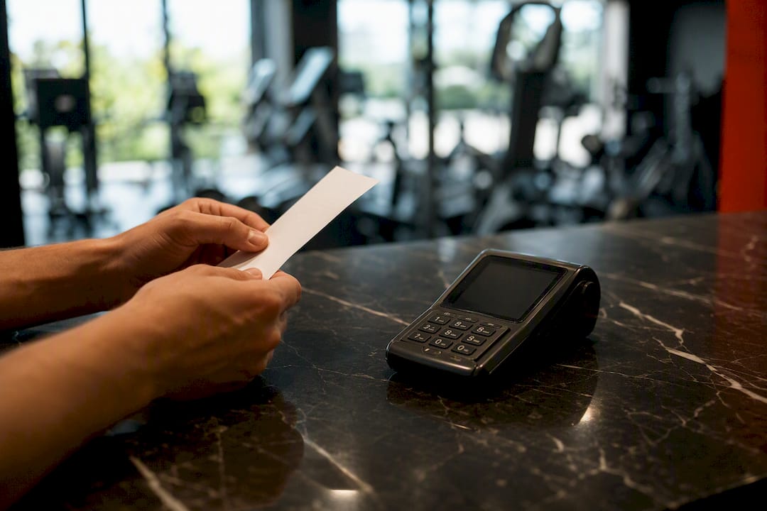 Hands holding gym payment receipt and terminal
