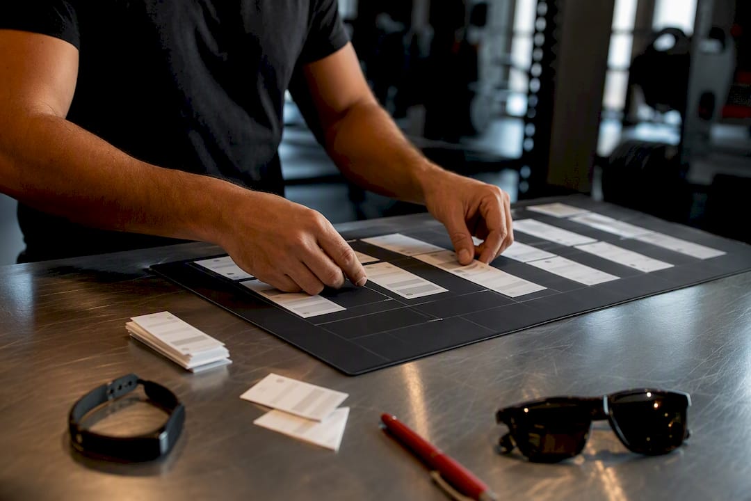 Hands arranging retention timeline cards