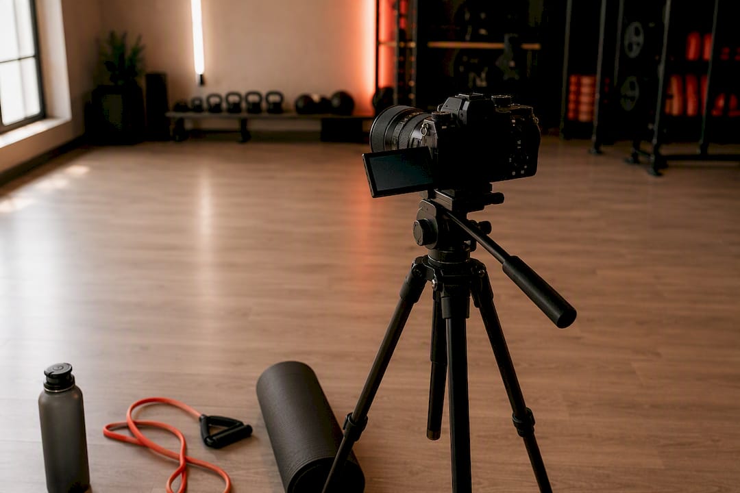 Professional camera setup in gym workout area