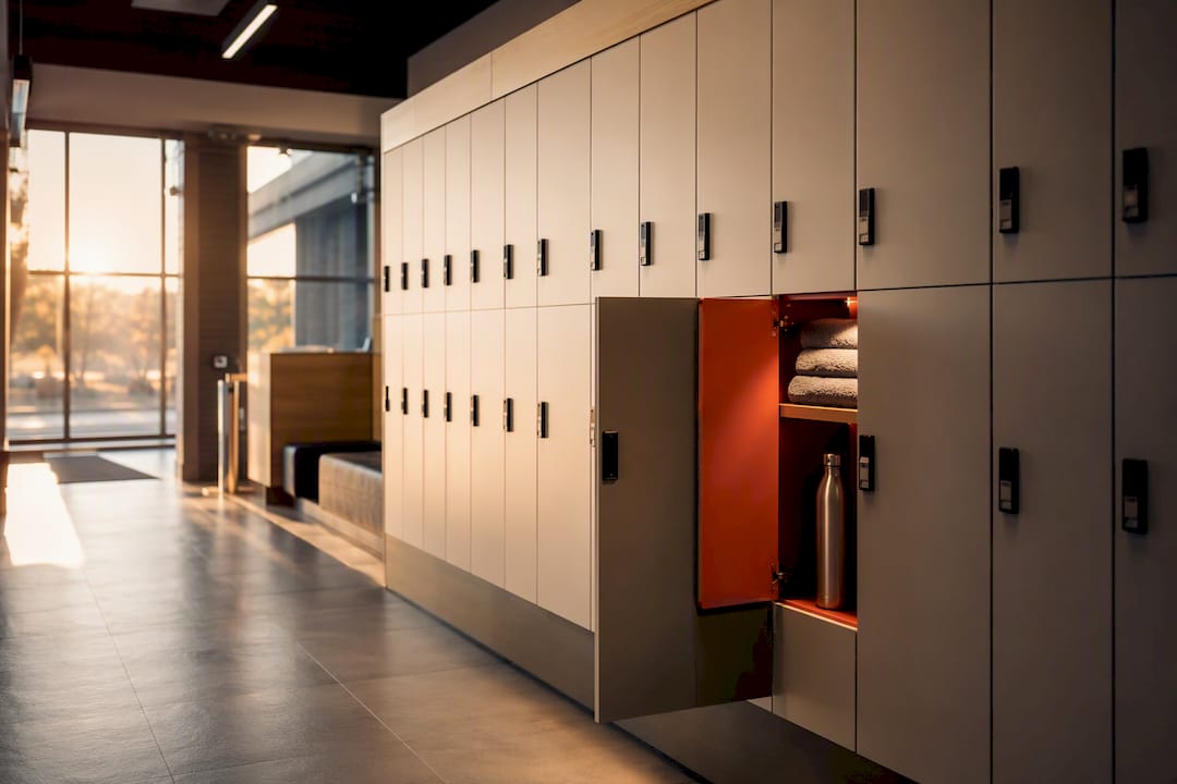 Modern gym lockers with towel and water bottle