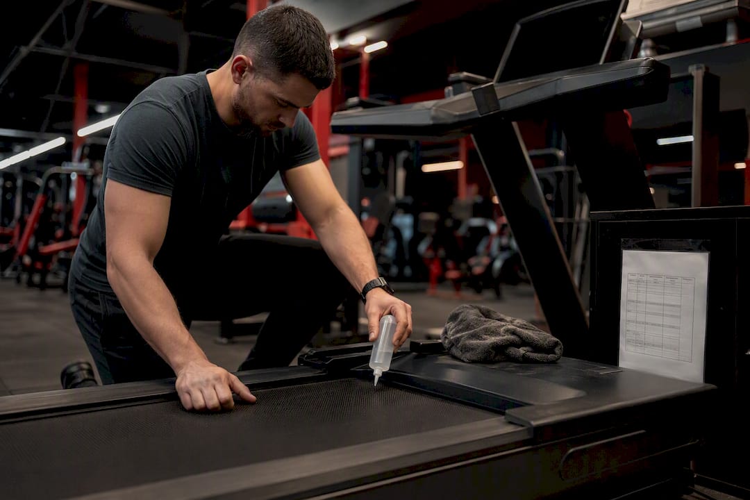 Gym technician lubricating treadmill belt