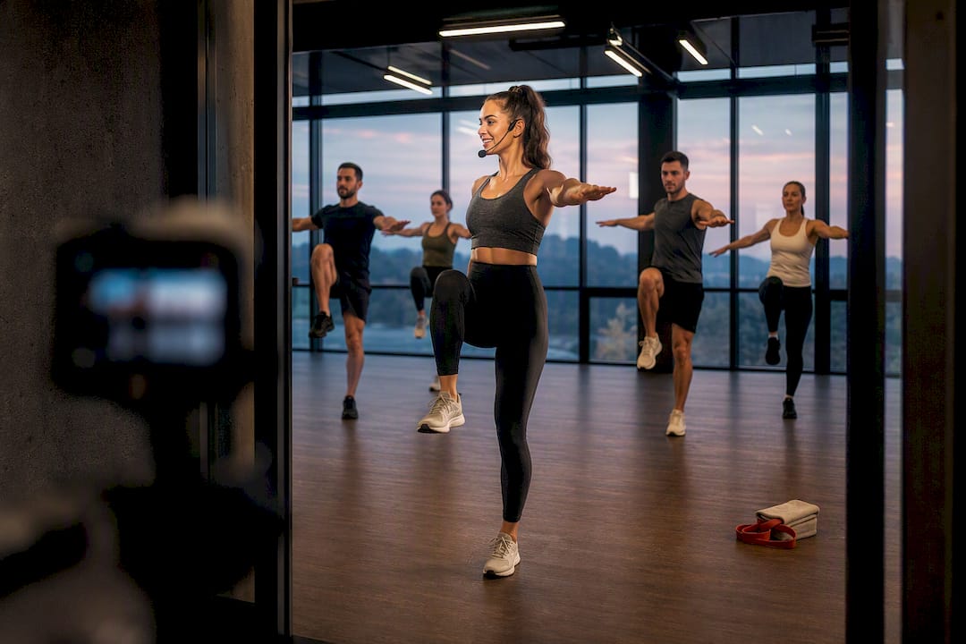 Instructor leading a live gym class