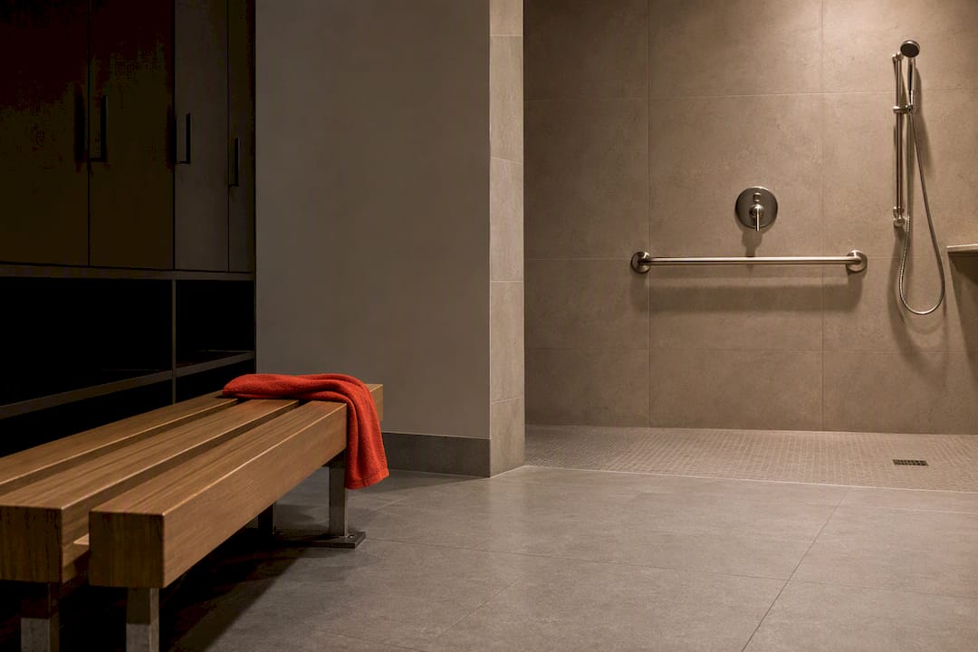 Accessible locker room bench and grab bar