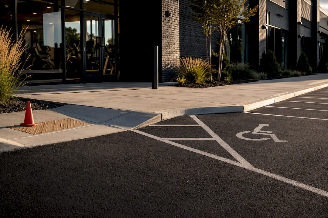 Accessible gym entrance with curb ramp