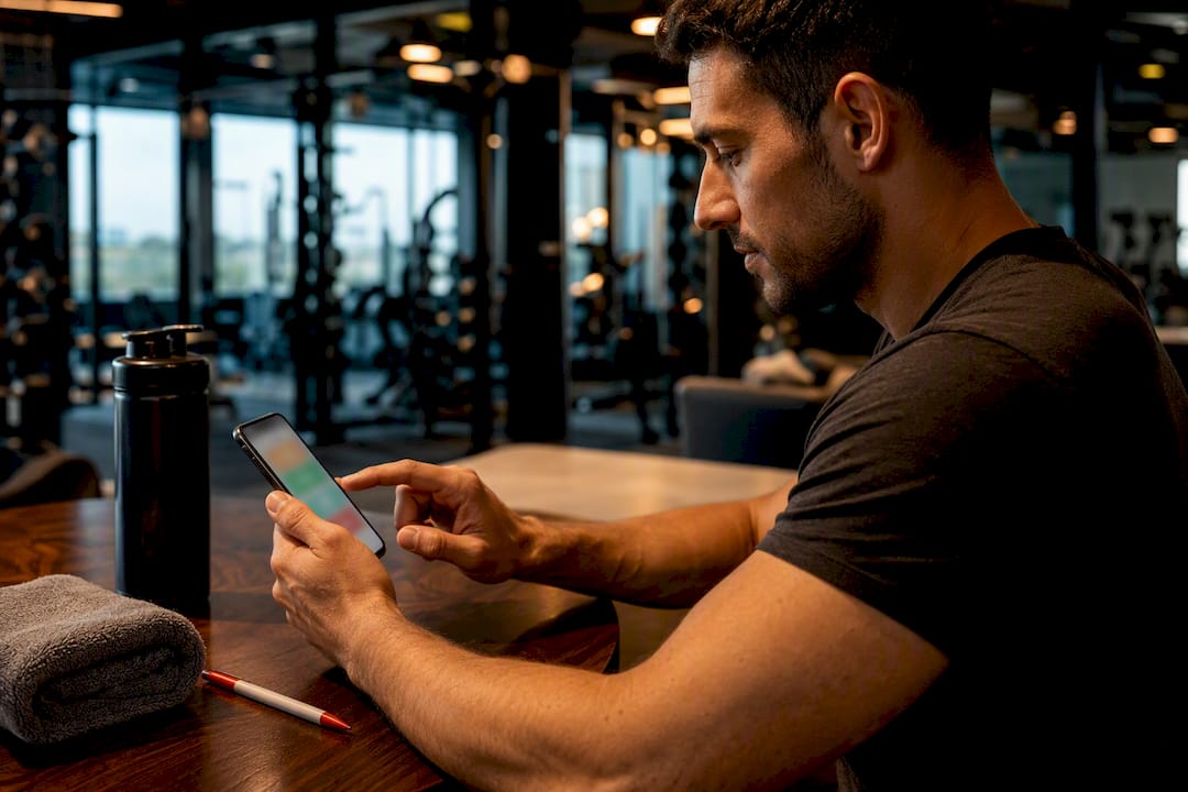Gym member completing a survey on phone