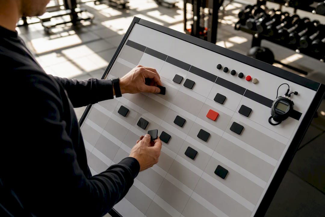 Manager arranging gym staff schedule board