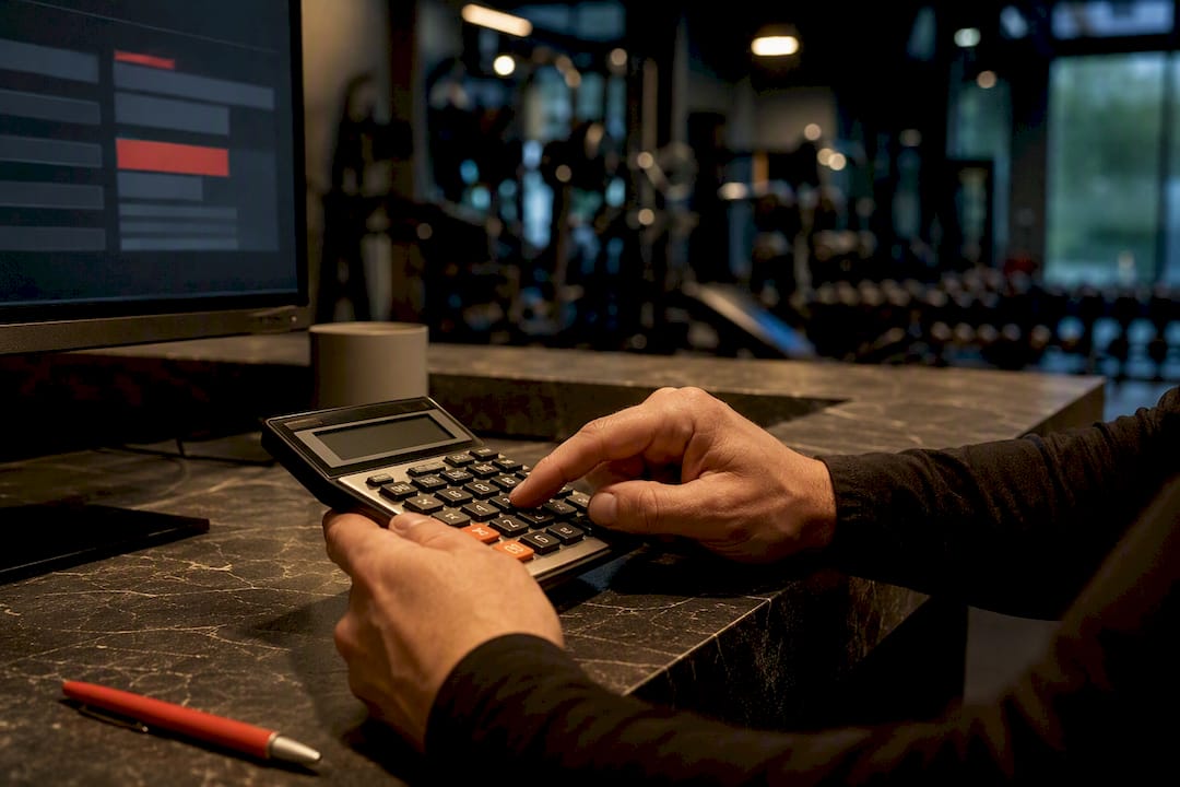 Gym owner calculating performance metrics