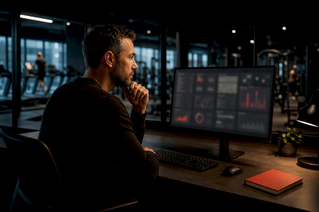 Manager reviewing centralized gym reports