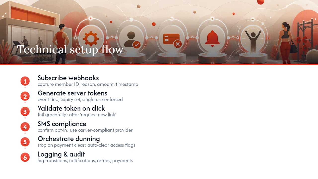 Technical Setup: Webhooks, SMS, and Access Control — overview diagram