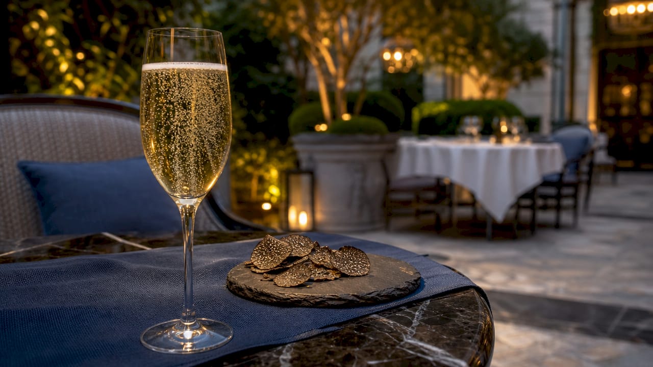 Close-up of champagne bubbles with caviar spoon