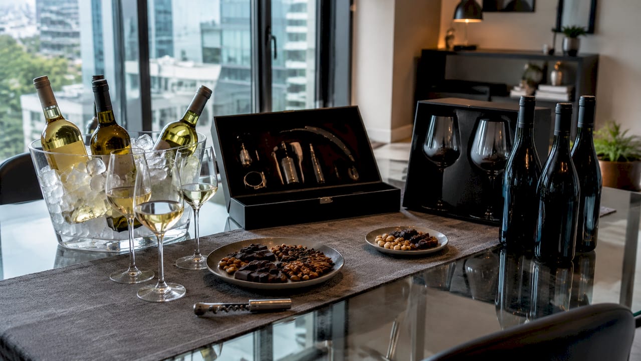 Overhead view of assorted wine gift sets on table