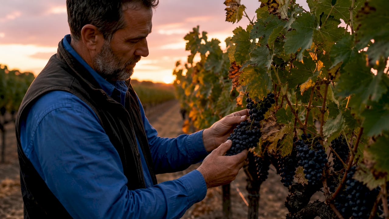 Hands holding ripe grapes in vineyard