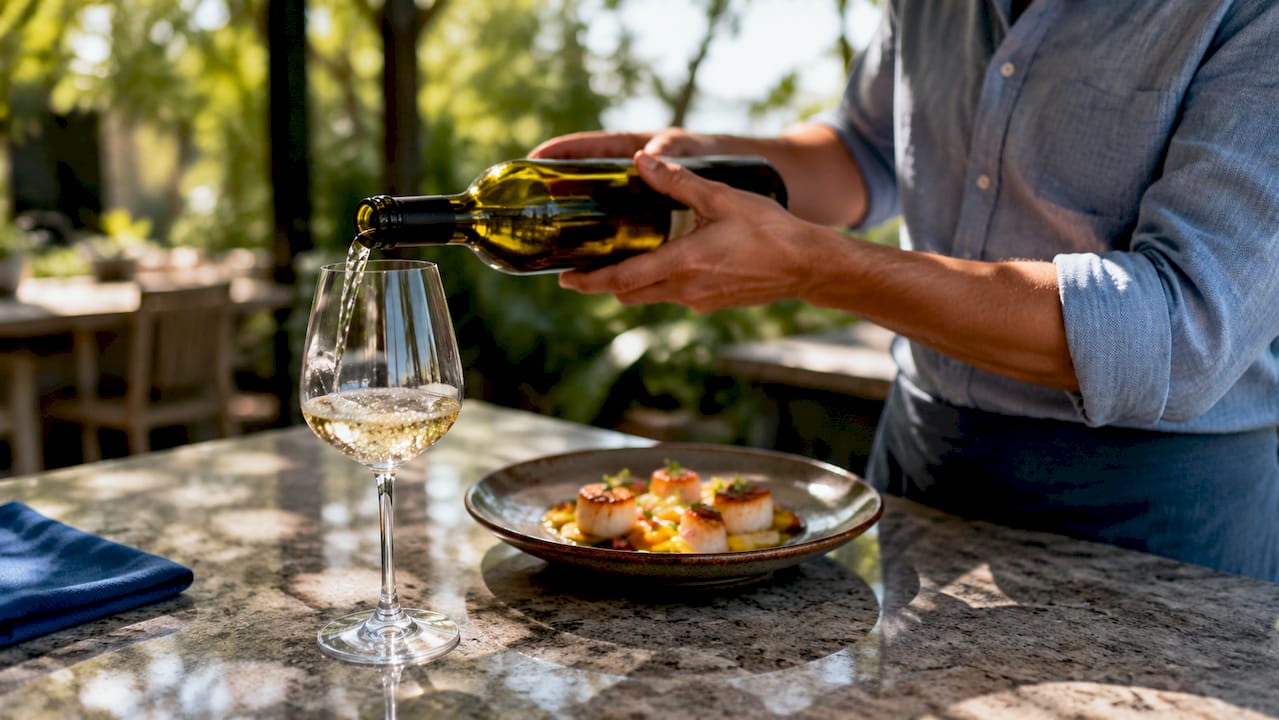 Hands pouring white wine beside lobster dish