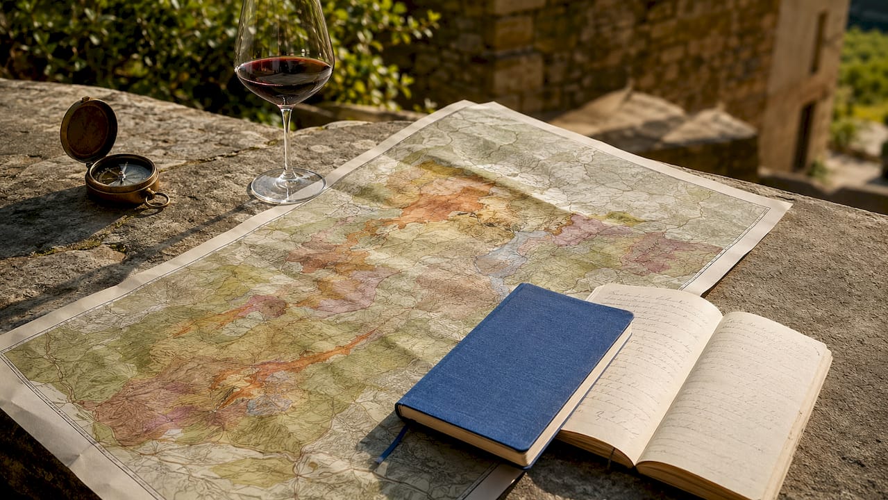 Overhead map of Burgundy Grand Cru vineyards with notes