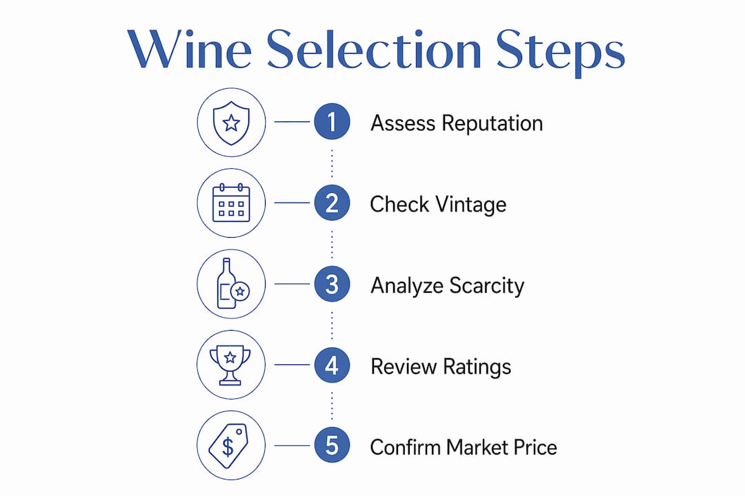 Infographic illustrating steps in selecting collectible wine