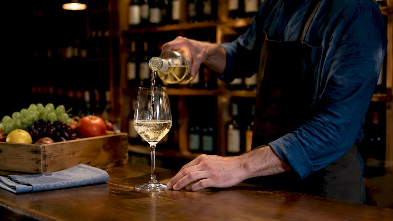 Sommelier pouring crisp white wine for tasting