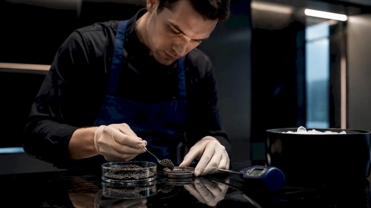 Close-up hands harvesting caviar into tin container