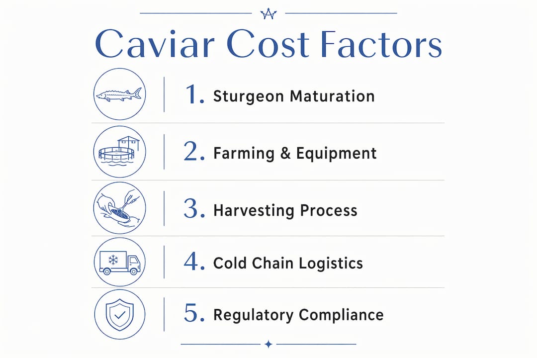Infographic illustrating main factors influencing caviar production costs