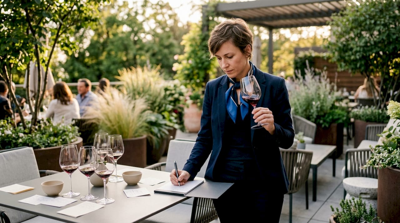 Sommelier tasting and noting wine vintage