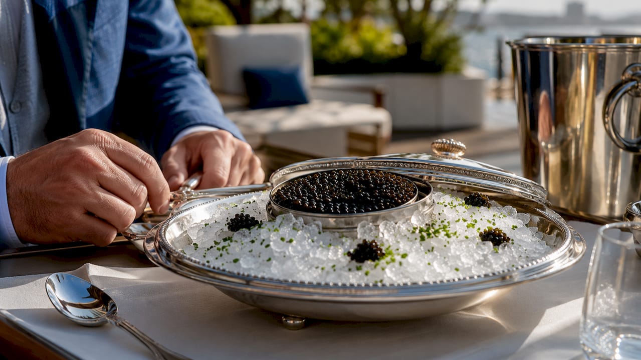 Close-up elegant Beluga caviar on silver dish
