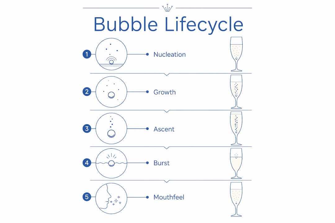 Infographic showing champagne bubble formation stages