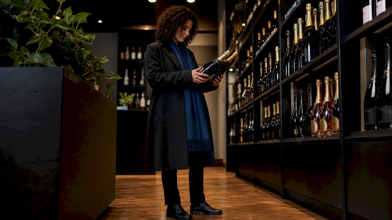 Woman comparing vintage champagne bottles