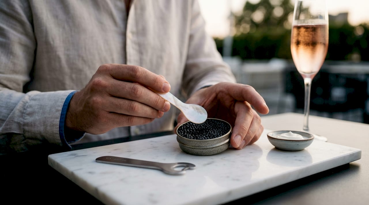 Close-up of hands serving premium caviar with accessories
