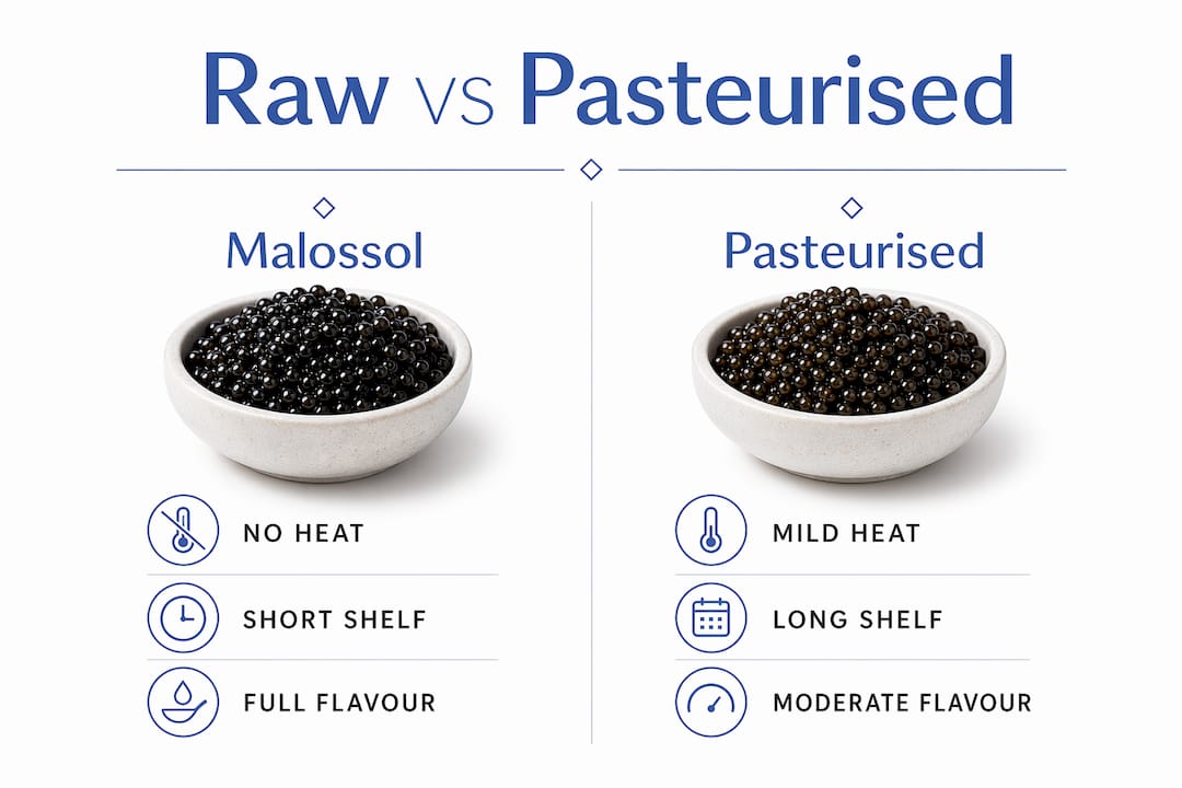 Infographic comparing raw and pasteurised caviar