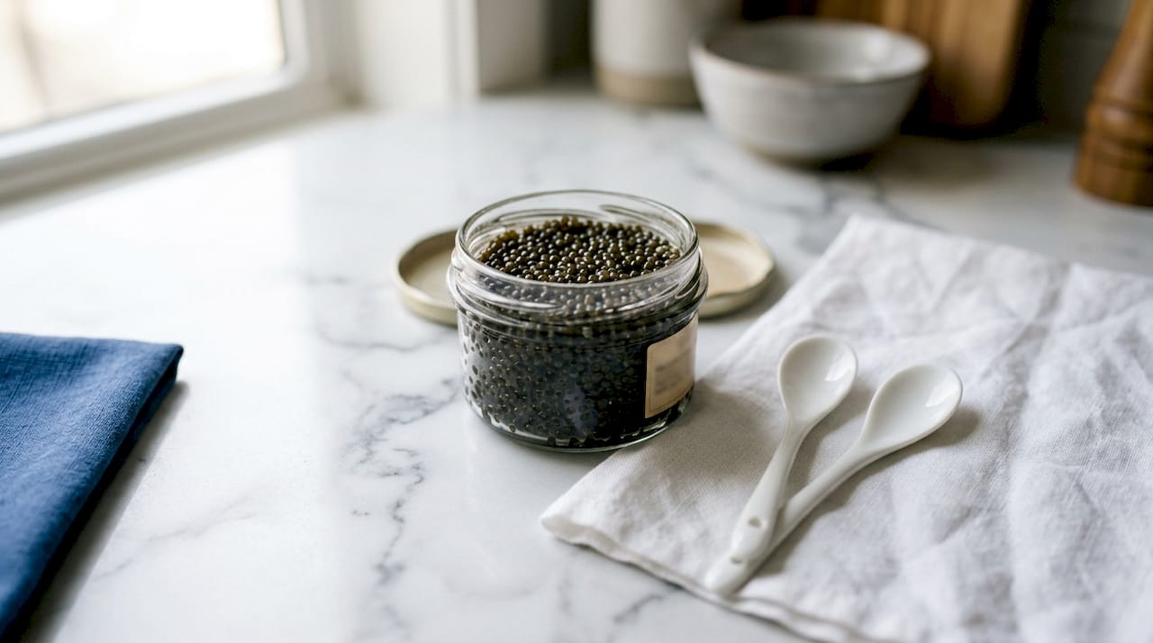 Close-up of pasteurised caviar jar on wood