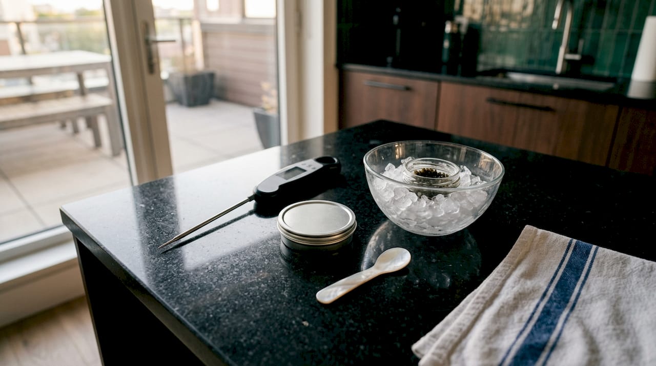 Digital thermometer and tools for caviar storage