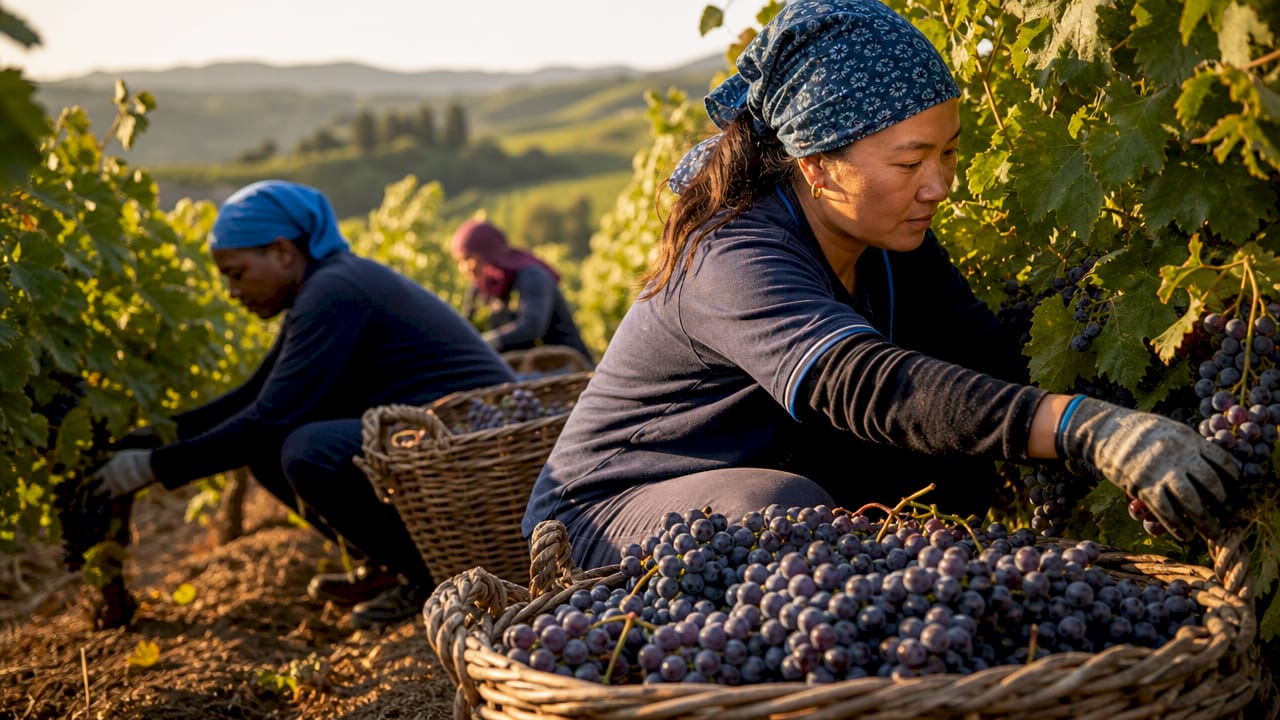 Overhead view of vineyard workers harvesting grapes