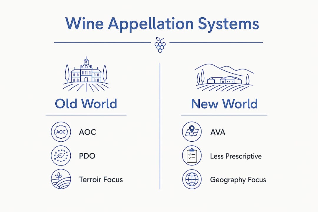 Infographic comparing Old World and New World wine appellation systems