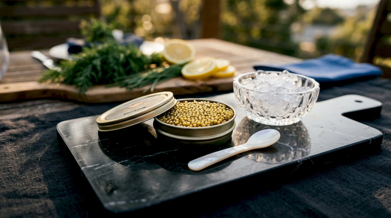 Close-up of Osetra caviar in tin with spoon