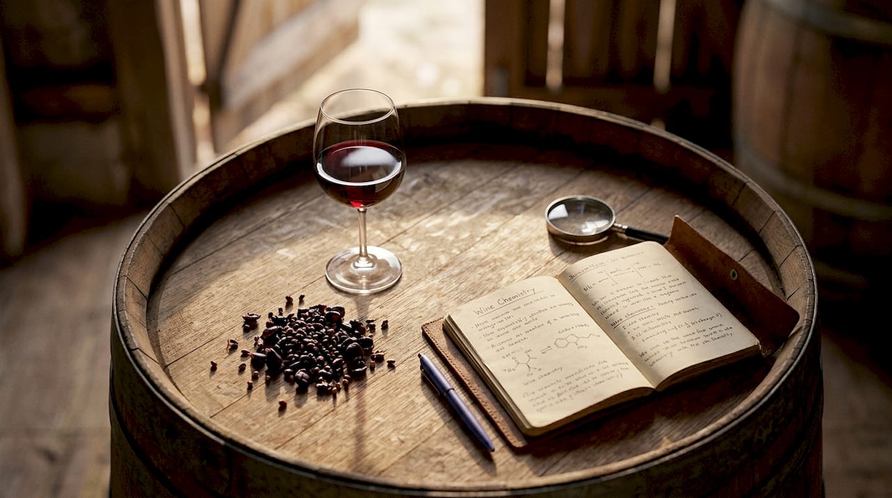 Close-up of wine glass and grape components on table