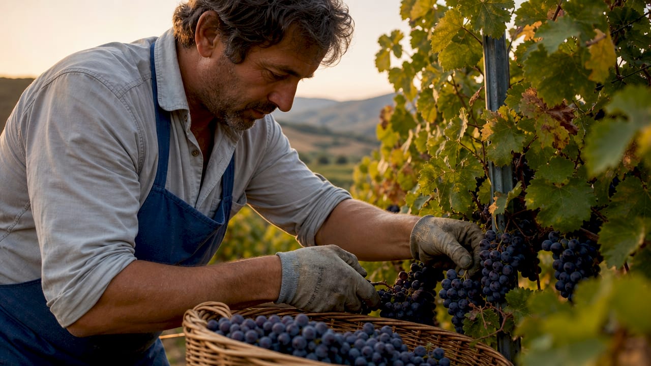 Worker harvesting organic grapes outdoors