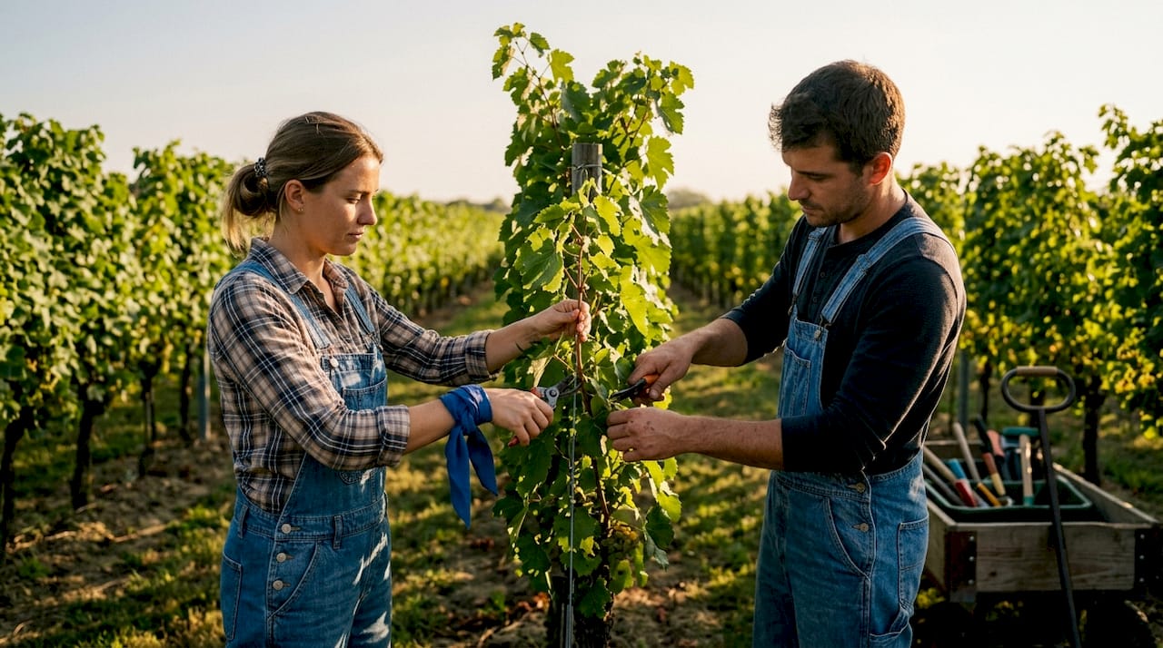 Overhead view of workers tending rare grape vines
