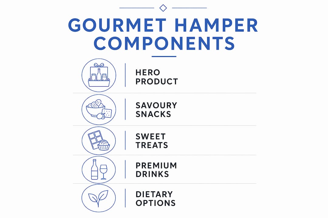 Infographic showing components of a gourmet gift hamper