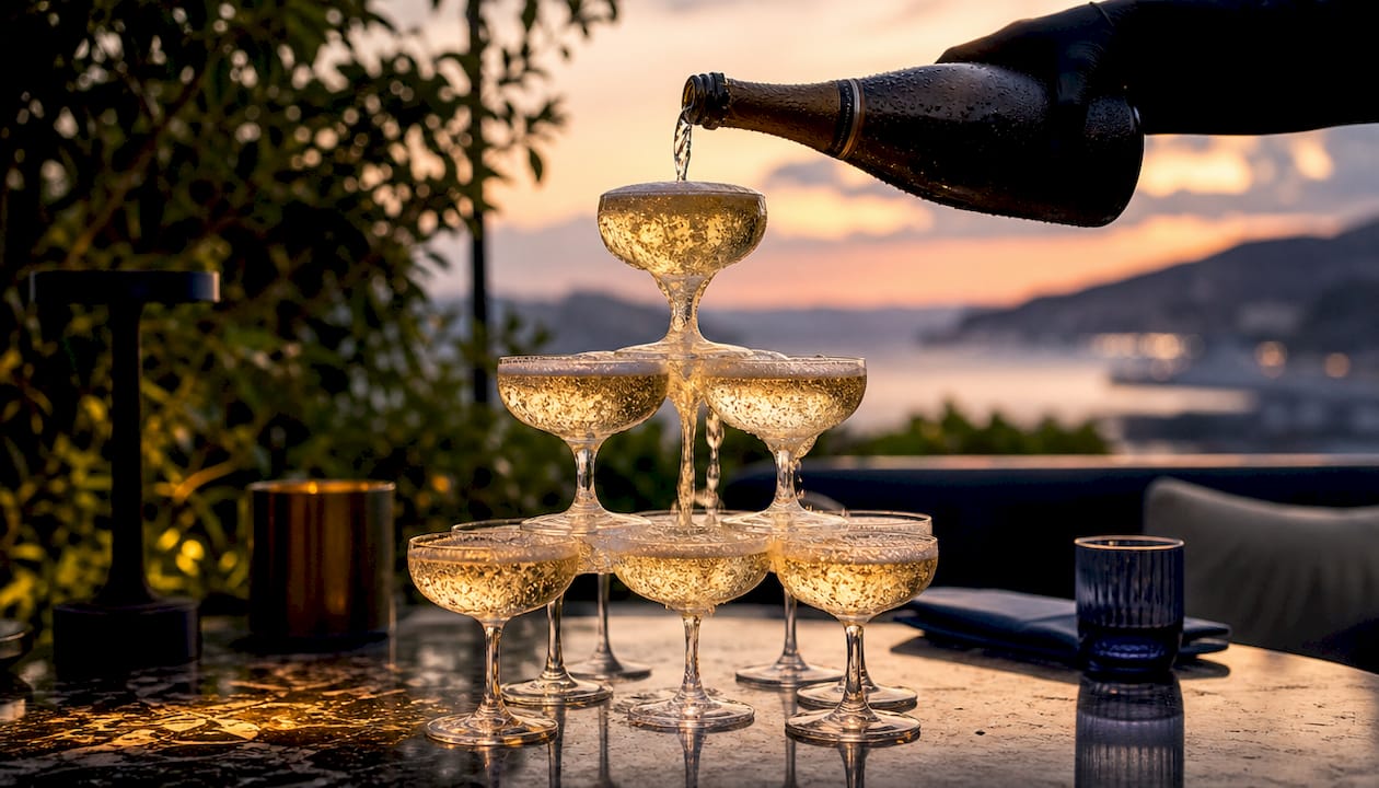 Graceful champagne pouring into coupe glasses