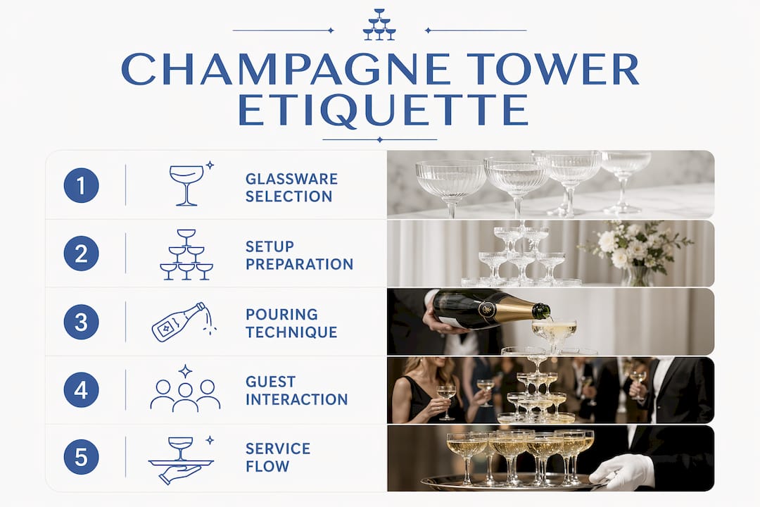 Infographic outlining champagne tower etiquette steps